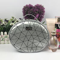 Oval Cosmetic Bag with Handle PU Grid Pattern Zippered Bag