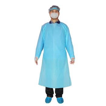 Disposable CPE isolation gown protective plastic apron with thumb loop for dust-proof and anti-statics.